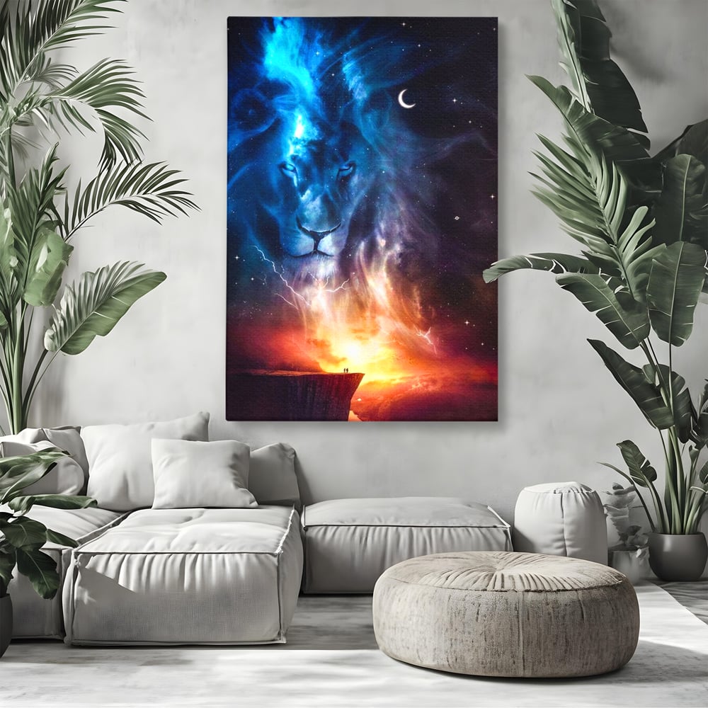 Tablou canvas cu tablou canvas cu leu in univers, fara rama, pe sasiu de lemn, pe perete intr-un living